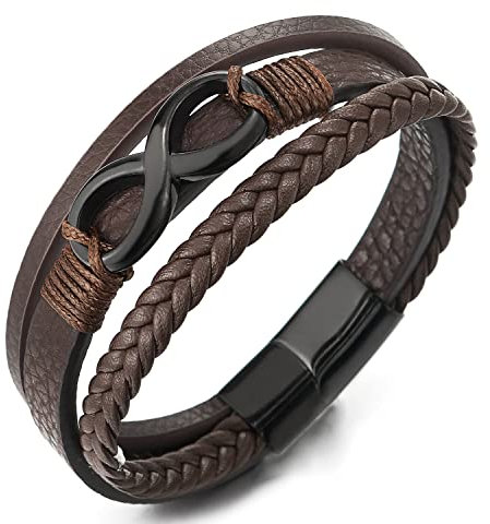 COOLSTEELANDBEYOND Schwarz Infinity Liebe Unendlich Number 8 Verflochtenen DREI Stränge Braun Geflochtene Leder Armband für Herren Damen