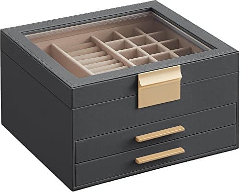 SONGMICS Scatola Portagioie, 3 Livelli, Coperchio in Vetro, 2 Cassetti, Porta Gioielli, Capiente, Moderno, Idea Regalo, Grigio Cosmico e Dorato JBC239G02