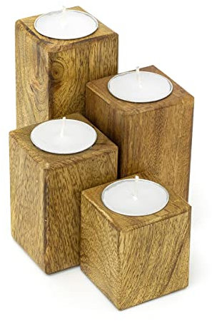Lot de 4 photophores en bois de manguier | Lot de 4 bougeoirs votifs en bois avec bougies chauffe-plat | Bougeoirs carrés rustiques