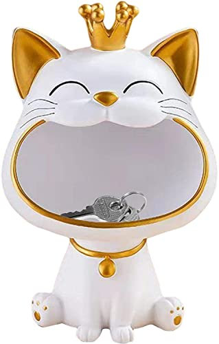 RZXBB Großer Mund Katzen Deko Schale,Glückskatze Skulptur Schlüssel Aufbewahrung,Schmuck Box,Lachende Katze Figuren Lagerung Box,Katze Skulptur Statue Harz Für Home (Weiss)