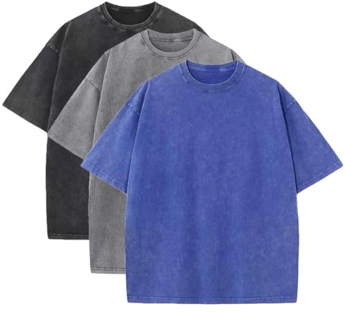 3 Pcs Men's Oversized Heavy Cotton Summer T-Shirts Vintage Tee Loose Fit Short Sleeve Casual Tshirts for Men Women, Black + Gray + Blue, Large