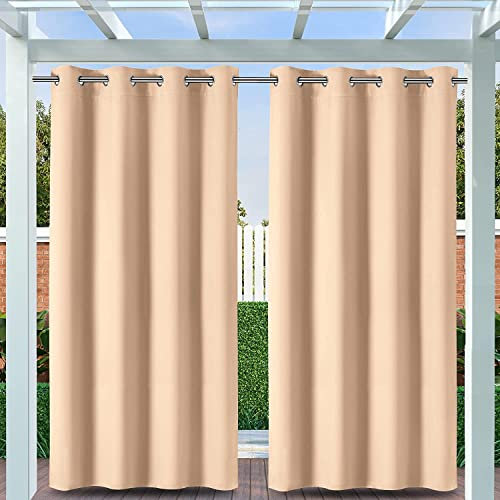 Clothink 2er Set Outdoor Vorhang Wetterfest Mit Ösen, Outdoorvorhänge Wasserdicht Outdoor Gardinen Sonnenschutz Sichtschutz für Balkon Pergola Terrasse Veranda (132x215cm, Beige)