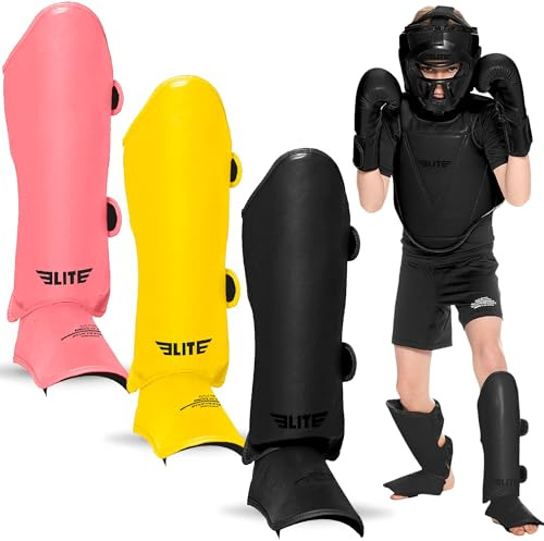 Elite Sports Muay Thai MMA kickboxing pojkar och flickor benskydd för ålder 4 till 14 år, vristskydd sparring skyddande ben skenben sparkkuddar för barn (liten, svart)