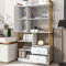 Becag Bücherregal, 6 Regal, Standregal mit Türen und 2 Schubladen, Stahlregale, Aufbewahrungsschrank, Boden biszur Decke Bücherregal, für Schlafzimmer Wohnzimmer (WeißMarmoriert mit Goldrahmen)