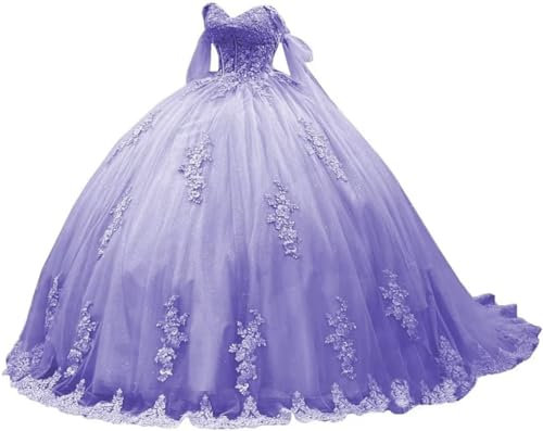 TSxuelian Vestido de quinceañera con hombros descubiertos para mujer, vestido de fiesta de boda con apliques de encaje de tul hinchado, Lila, 54
