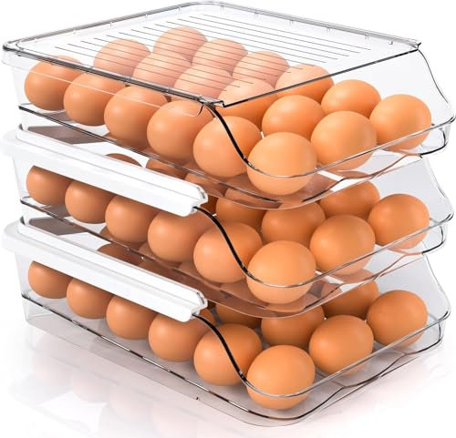 KAHEIGN 3 Tier Rolling Egg Holder, 54 Grids Large Capacity Egg Storage Container Automatic Rolling Egg Rack Clear Plastic Egg Drawer Boxes with Lid and Handle for Kitchen Refrigerator Countertop