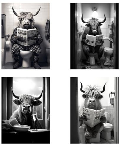 Tomedeks 4 Pièces Affiche Toilette, Tableaux, Posters Et Arts Décoratifs, Tableau Décoratif Pour Salle De Bain, Poster A4 Sans Cadre, Poster Humoristique Pour Wc, Vache Des Highlands Écossais(B)