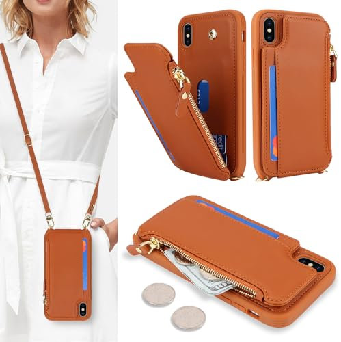 SailorTech Custodia per iPhone X in Pelle Portafoglio con porta carte di credito, Cover per iPhone XS Cellulare Regolabile Collana con slot per carte di credito - Marrone