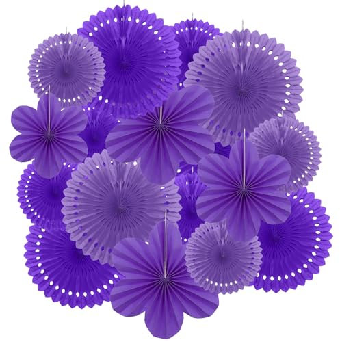 17 Pcs Hanging Purple Party Decoration, VEGCOO Paper Party Decorations Round Flower Fan Decorations, Purple Honeycomb Decor Paper Fans for Birthday Wedding Baby Shower Neon Party Wall Ceiling Decor