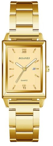 JewelryWe Damenuhr Rechteckige Uhr Damen: Klassische Datum Kalender Analog Quarz Armbanduhr Frauen Gold Metallarmband Geschäft Lässige Uhr mit Römischen Ziffern Eckigem Zifferblatt
