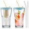 Joeyan 450ml Glass Tumbler with Straw and Lid Set of 2, Ribbed Smoothie Iced Tea Coffee Cup Drinking Glasses with Strainer for Juice Milk Water Beverages