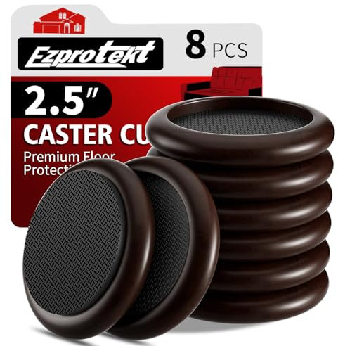 Ezprotekt Φ 63,5 mm Non Slip Wood Furniture Caster Cups, 8 PCS Furniture Pads for Hardwood Floors, 2.5” Sofas Beds Chairs Coasters with Anti-Slide Round EVA Pads -Dark Brown