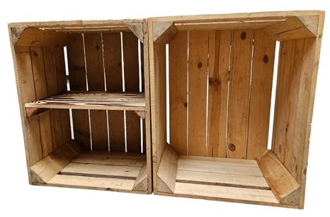 Teramico Vintage gebrauchten Holzkisten/Obstkisten/Weinkisten original aus dem Obstanbau mit Ablagefach geflammt 50 x 40 x 30cm (2er Set | 1 x Ablage Kurz)