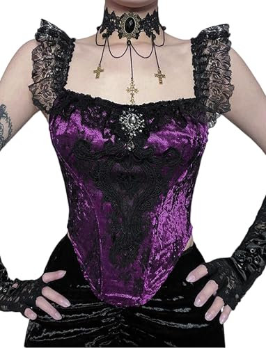 SEAUR Renaissance Corsé Top Mujer Gótico Crop Top Encaje Terciopelo Y2K Tops Vintage Tank Top Party Club Streetwear Carnaval S-L, morado, L
