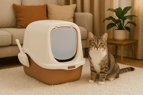 Enclosed Cat Litter Tray Box with Scoop – Covered Hooded Jumbo Litter Box with Flap Door – Detachable Lid for Easy Cleaning – Odour Control Portable Toilet for Large Cats & Kittens (Brown)