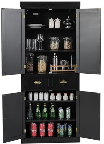GIANTEX Armoire de rangement, multi-usages, avec 1 tiroir et 4 portes, 76 x 40 x 183,5 cm, pour cuisine, salon et salle de bain, en bois, noire