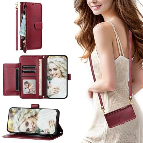 SEHEYA Handyhülle für Samsung Galaxy S10E Klapphülle Vintage mit Reißverschluss Handytasche zum Umhängen PU Leder Klappbar Geldbörse Trageband Schutzhülle, Dunkelrot