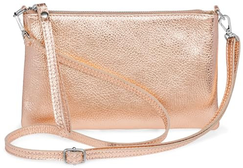 Caspar Kompakte Leder Clutch Damen Umhängetasche Abendtasche mit verstellbarem Schultergurt - CLASSIC LINE - Modell No.834 - Made in Italy, Farbe:roségold metallic