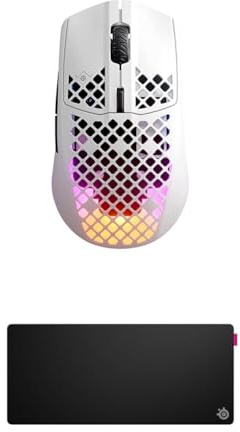 SteelSeries Aerox 3 Wireless Snow - Holey RGB Gaming Mouse - Ultra-light Water Resistant Design - 18K DPI TrueMove Air Optical Sensor QcK XL Performance Speed Gaming Mousepad 900x400mm