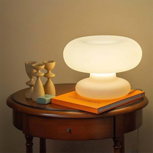 AoLa LED Donut Tischlampe Pilz Tischleuchte mit Kabel und Schalter Weiß Glas Lampenschirm Rund Deko Nachttischlampe Moderne Design Nachtlicht für Wohnzimmer Schlafzimmer Kinderzimmer WarmWeiß