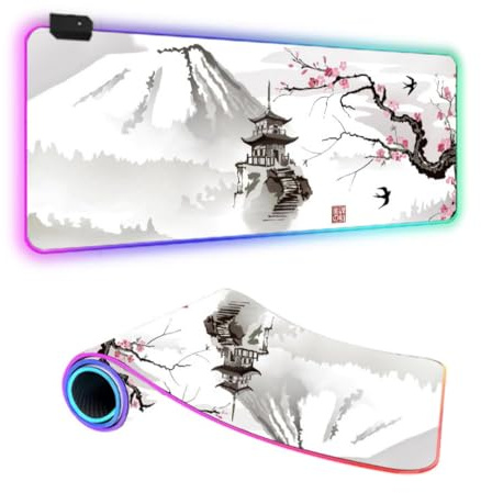FANSU Japanischer Stil RGB Gaming Mauspad XXL, Groß Multifunktionales Mousepad mit 14 Farben LED-Licht, USB, für Computer PC Laptop Tastatur Professionelle Gamer (Fuji,900x400x4mm)
