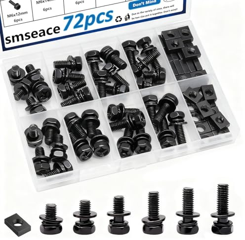 smseace 72Pack Black Battery Bolts and Nuts 6-Sizes M6x10/12/14/16/18/20mm 304 Stainless Steel Motorcycle Battery Terminal Screws with Square Nuts
