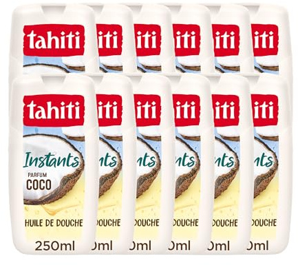 Tahiti Instants, Gel Douche Monoi et Huile de Coco, Lot de 12 x 250 ml | Huile de douche hydratante à l'huile de coco 100% naturelle, Technologie boost d'humeur, Parfum exotique et gourmand