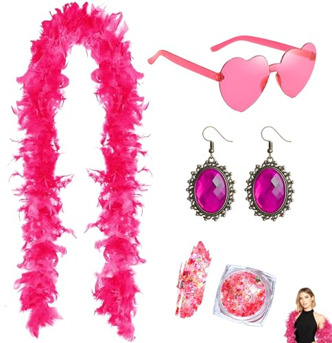 YOKJGHDO Set di 4 boa di piume rosa con occhiali a forma di cuore, orecchini e glitter per il corpo, 2 m, boa di piume rosa per costumi di carnevale, costume di carnevale, decorazione JGA, accessori