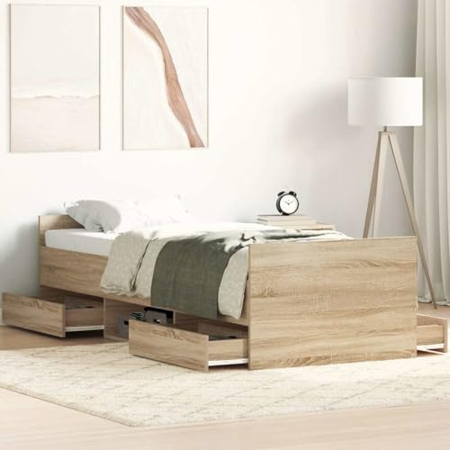 QJBSAVVA Bett 90x200 Sonoma-Eiche, Holz/Kiefer, 4 Schubladen, Lattenrost, Jugend- & Gästebett