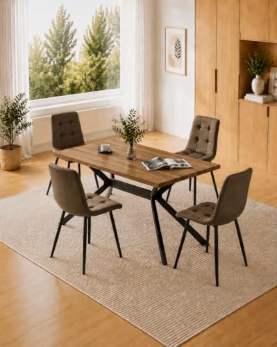 LEWE esstisch Holz mit 4 Braun Holländischer Samt stühlen Set | Dunkle Rechteckig Tischplatte 140 x 80 cm, Stuhl-und Tischbeine aus Metall, ergonomisch, geeignet für Küche Wohnzimmer
