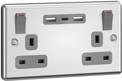 SURAIELEC Chrome Double Plug Socket with 18W USB C, 2 Gang 13A Wall Socket