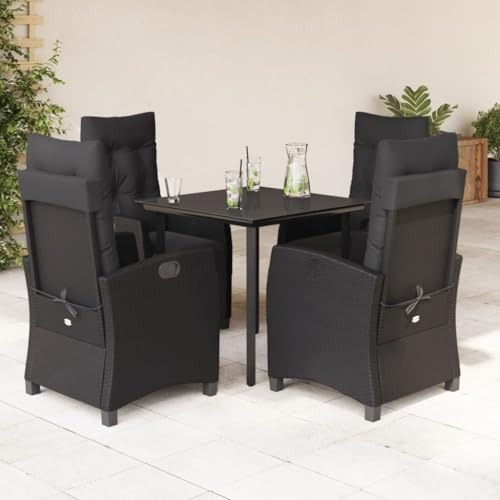 Kaloriko 5-TLG. Garten-Essgruppe Schwarz, verstellbare PE-Rattan Sessel, 80x80cm Glastisch, UV-beständig, mit Kissen, für Terrasse, Balkon, Garten