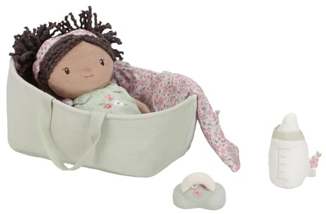 Little Dutch Stoffpuppe Babypuppe Evi im Tragekorb - mit magnetischem Schnuller und Trinkflasche - inklusive viel Zubehör - für Mädchen ab 12 Monate - Mint