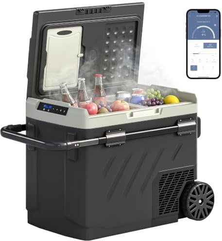 Outsunny Nevera Portátil Eléctrica 49L 12/24/240V Refrigerador de Coche | Compresor Doble Zona, Control por App, Luz LED, Pantalla, Modos ECO y MAX, -20℃ a +20 ℃, Asa Telescópica, Ruedas, Puerto USB