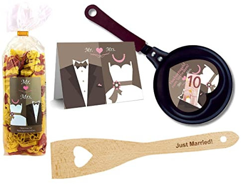 Geschenkset zur Hochzeit 4-teilig mit Pfannenwender zum auswählen/Hochzeitsgeld zum verbraten/Mr & Mrs/zum Geld verschenken/Geldgeschenk Hochzeit (Just Married)