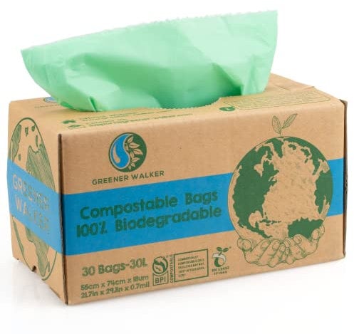 Greener Walker 30L-30Bags 100% Compostable Biodegradable Bin Liners 6L/10L/30L Food Waste Bags with EN13432 Certificate Caddy Kitchen Bin Liners