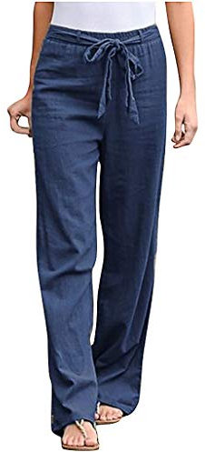 WINJIN Pantalon Fluide Femme Ete Trousers Ample Pantalon Droit Casual, Coton et Lin Taille Elastique Couleur Unie avec Poches