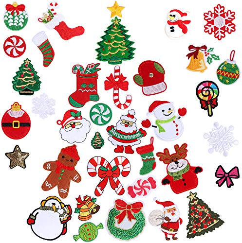 AUGSUN Weihnachten Aufnäher, 36 Stück Weihnachten Patches zum Aufbügeln Weihnachtsmann Flicken zum Aufbügeln Schneemann Aufnäher zum Aufbügeln Patches zum Aufnähen für Rucksäcke Hosen Kleidung Jeans