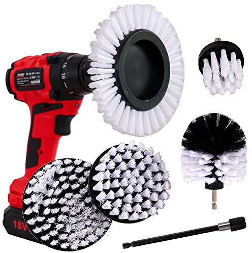 WerkFix Kraft-Reinigungsbürsten - 6 TLG Bürstenaufsatz Set, Sechskant-Schaft - weiche Bohrbürsten für Teppiche, Fasern, Glas, Metall - weiß (sanft), für Akkuschrauber und Bohrmaschine