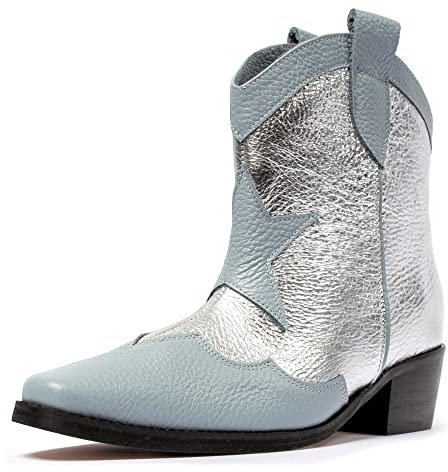 L37 HANDMADE SHOES Stivali da Cowboy, Scamosciata, Fodera in Pelle, Scarpe Fatte a Mano, Cielo Pieno di Stelle, Western Boot Donna, Blu Argento, 35 EU