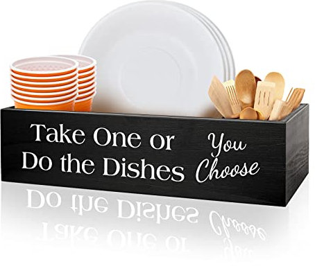 MINCORD Kitchen Paper Plate Holder Countertop, Rustic Wood Disposable Dish Organizer Farmhouse Utensil Caddy for Party Cups, Forks, Spoons, Plates, Napkins, Condiments