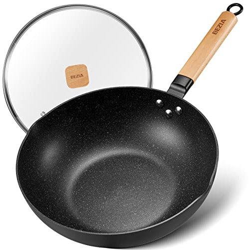BEZIA Wok anti-adhésif avec couvercle de 30 cm, wok à induction avec fond plat, poignée en bois amovible, compatible avec tous les types de poêles