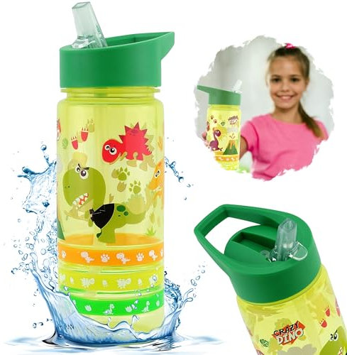 1x Crazy Dino 500ml Summer Water Bottle for Kids, Straw Sipper Kids Drink Bottle BPA-Free, Leak-Proof, Flip-Top Straw Lid Bottle for Traveling Bottles Camping Kids, School and Picnic