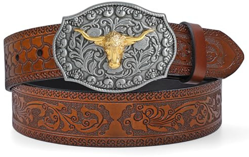 LEACOOLEKY Western Cowboy Gürtel für Männer Longhorn Stier-Schnalle Gürtel 3.8cm breit Floral graviert geprägter Ledergürtel