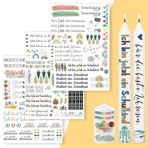 Qeioauek Kerzen Tattoo Schulbeginn, 3 Stück A4 Kerzentattoos, Profi Wasserschiebefolie Kerzenfolie, Kerzensticker für Einschulung und DIY Geschenke (Einschulung-B)