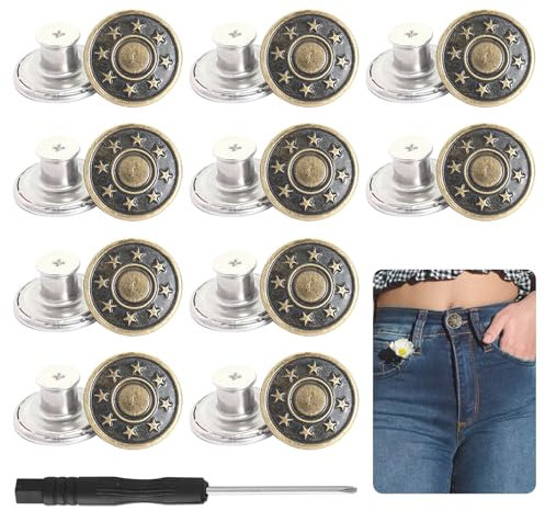 10Pcs 17mm Metal Buttons with 10 Pcs Thread Rivet Waist Tightener Clips for Jeans Trousers Skirts