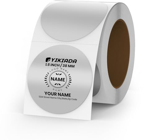 YIKIADA Runde Thermoetiketten Silber 38 mm Glitter Aufkleber 500 Stück | Selbstklebende Vinyl-Etiketten, wasserfest, bedruckbar, reißfest, für Logos, Barcodes, QR-Codes, Produkte und DIY