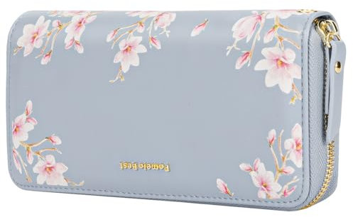 Pomelo Best Geldbörse Damen groß im Langformat Blumen Prägung Reißverschluss Portemonnaie mit RFID-Blockierung und vielen Fächern (Himmelblau)