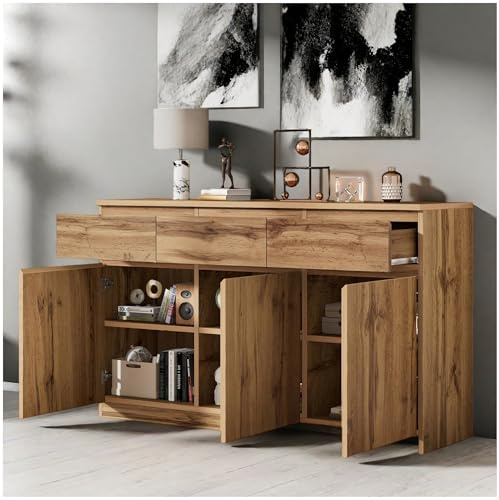 Wyibwy Mueble multifuncional, 135 x 40 x 81 cm, mueble decorativo de madera original, con 3 puertas y 3 cajones, aparador de cocina, cajonera, mueble recibidor