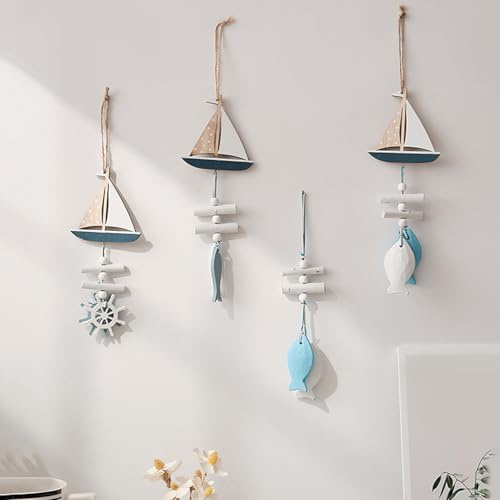 4 Stück Maritime Deko zum Aufhängen aus Holz, Frühling Fensterdeko mit Schiff, Fisch und Anker, Maritime Dekoration Fisch deko sommerdeko mit Marine Element Für Haus Fenster Wand Garten